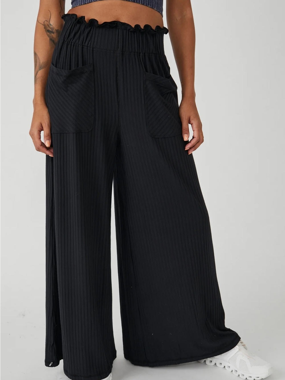 FP Movement Blissed Out Wide Leg Pants Black Ribbed High Rise Small